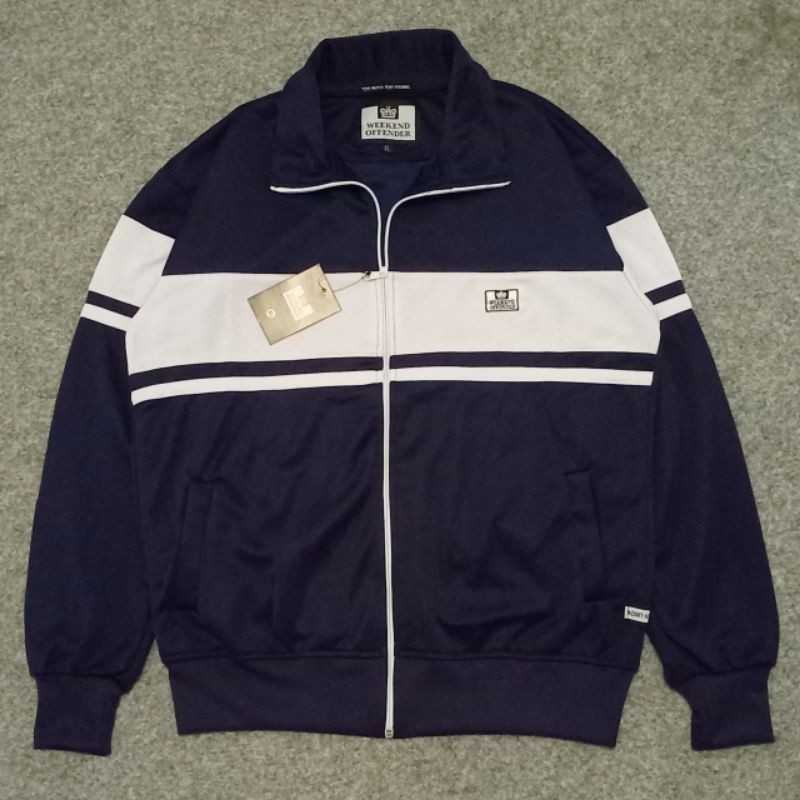 Jaket Tracktop WO Navy Garis Putih Premium Casual Pria Wanita Logo Bordir Zipper Branded Unisex