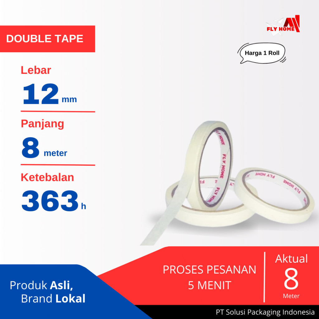 

FLYHOME Double tape 12mm x 8meter 1 roll hotmel ukuran full
