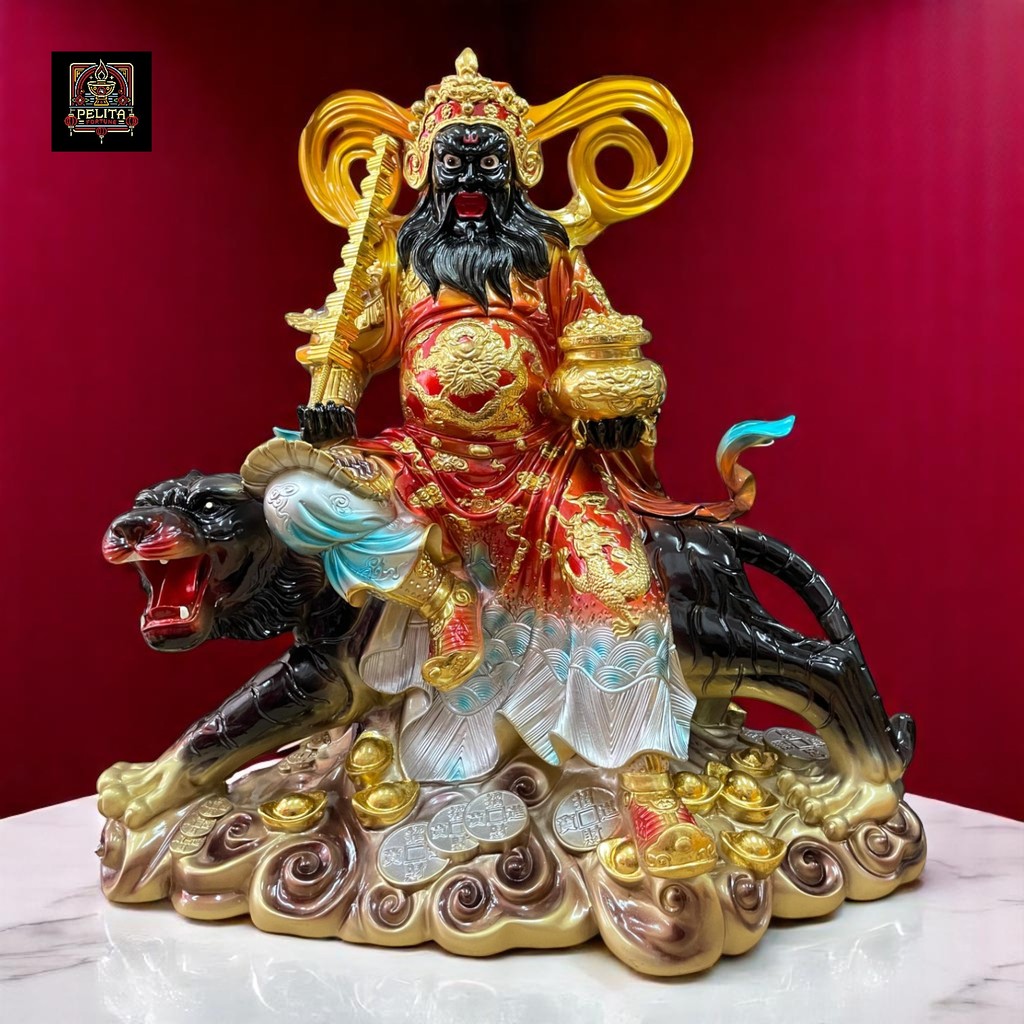 Patung Dewa Kekayaan Caishen Zhao Gong Ming / Han Tan Kong Harimau Hitam 16 Inch - Pelita Fortune