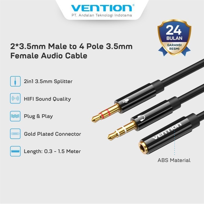 Vention Kabel Jack Audio Splitter Cable Aux 3.5mm Female TRRS to 2 Male TRS Cable Audio/Mic High Qua