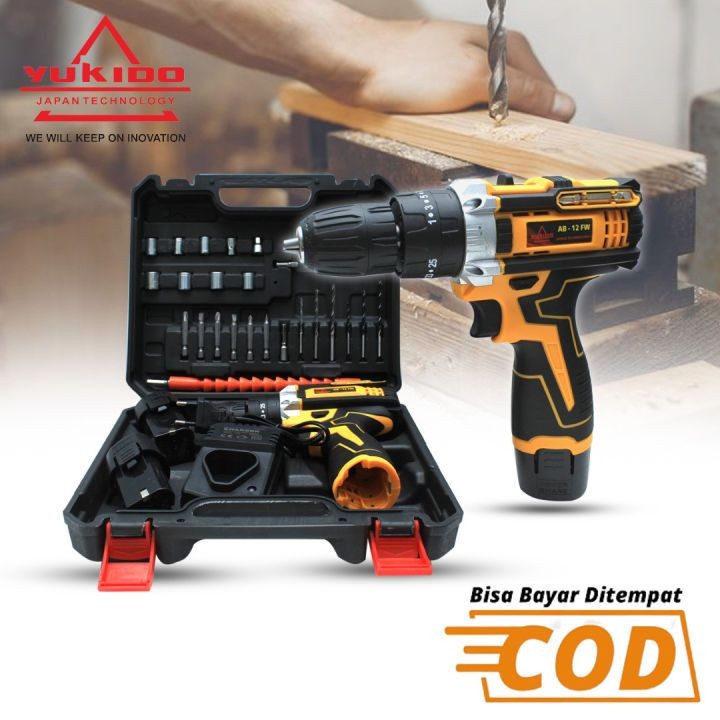 100%( ORI )YUKIDO Yelow 12V   Mesin Bor Cordless bor listrik 2 baterai set - 12V  1 Baterai bor port