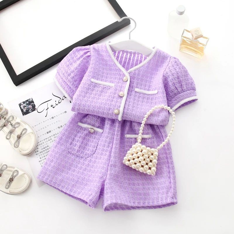 Setelan Anak Perempuan Celana Pendek Baju Anak Korea Kancing Mutiara