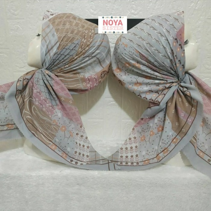 Hijab (Rossy) jilbab kerudung segiempat motif abu coklat muda pink voal premium lacercut