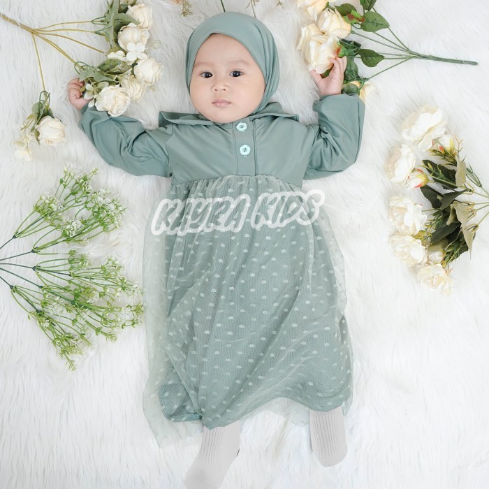 Gamis Bayi Anak Perempuan Muslim Set Hijab 0-18 bulan - Sage Green, S