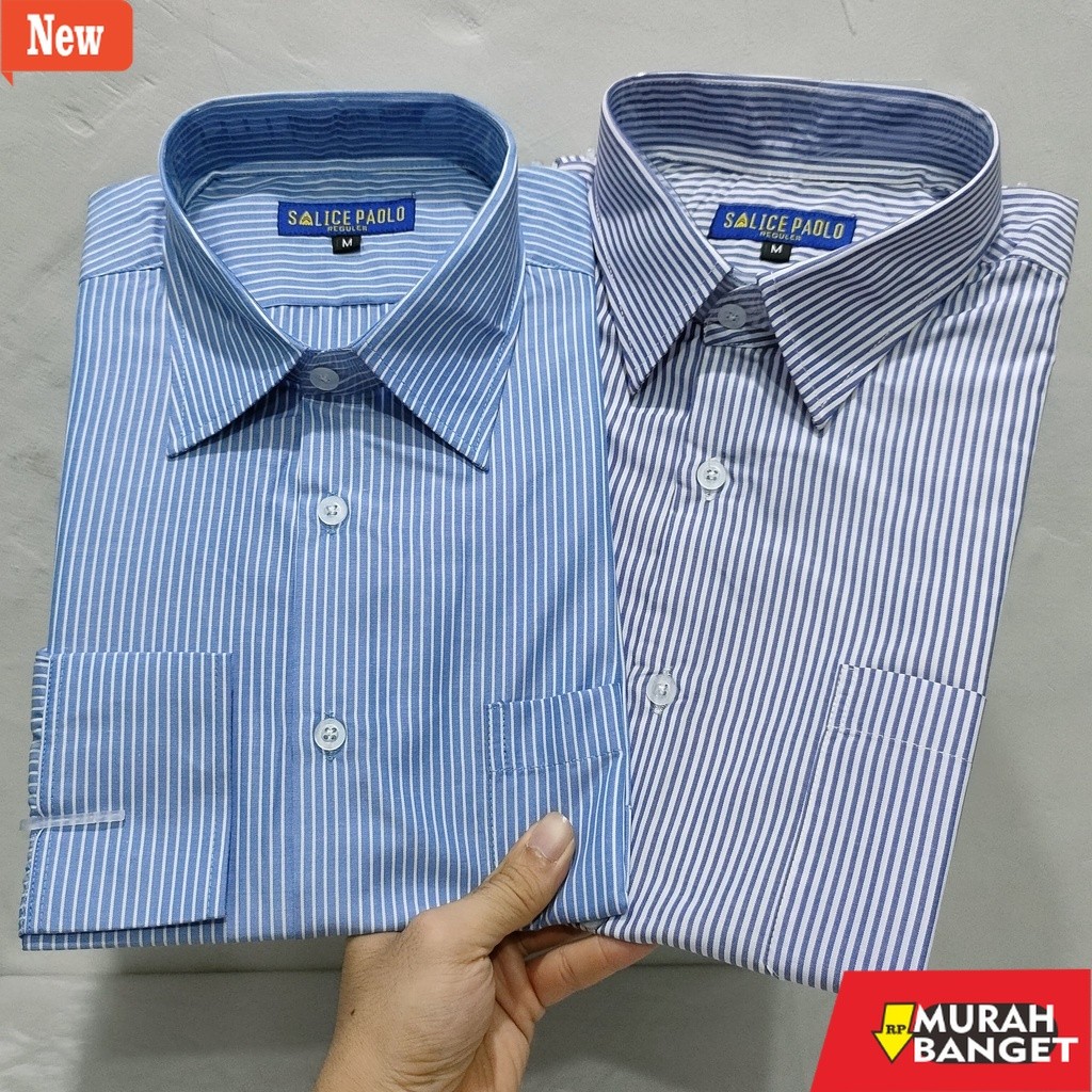 Kemeja formal pria Kemeja Pria Salice Paolo Panjang Reguler Motif Salur Rotan Biru Putih