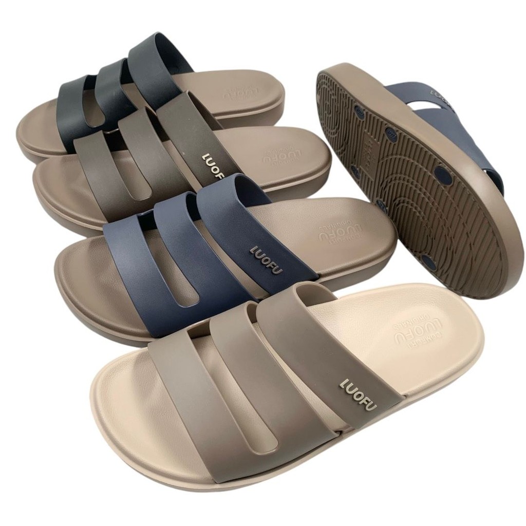 LUOFU Sandal Selop Ban 3 Karet Pria Empuk Import E6222-BRWT (AF2)