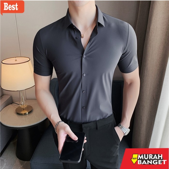 kemeja pendek pria keren kemeja pria the executive super stretch kasual polos lengan pendek - Abu-ab
