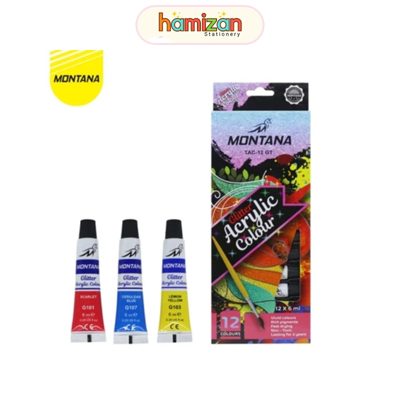 

Montana Akrylic Color Series 12 Warna / Cat Akrylic Montana TAC-12 Series/( 1 set ) Montana Acrylic Color Paint Glitter 12 Warna / Cat Acrylic 12w Warna Kerlap Kerlip / Cat Air Akrilik Gemerlap TAC-12-GT