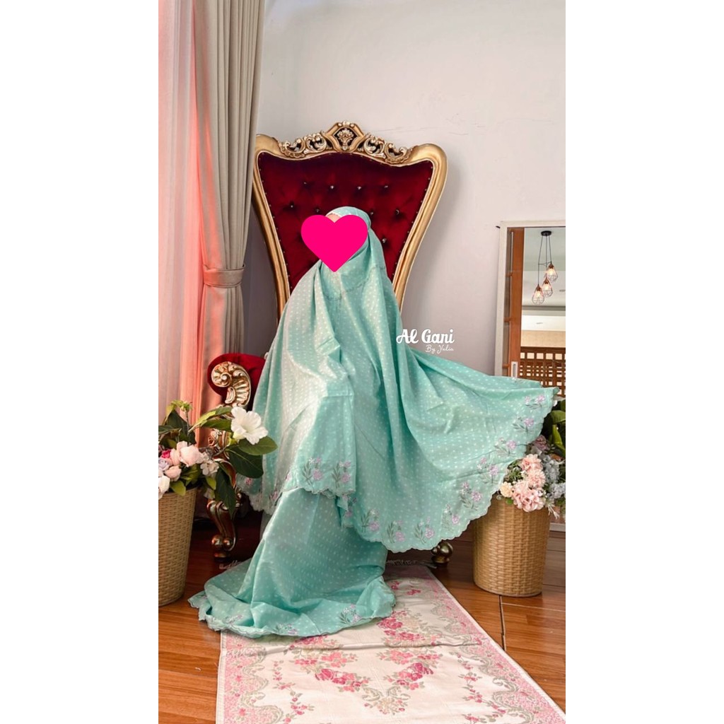 Mukena Katun ALGANI Hijau Motif Bulat border bunga untuk  harian by alganibyyulia / Mukena Bordir / 