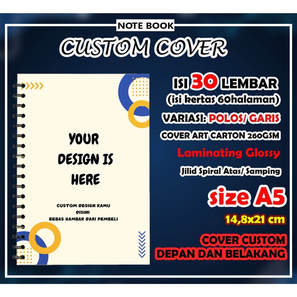 

Notebook/notes spiral custom A5 isi 30 lembar garis/polos