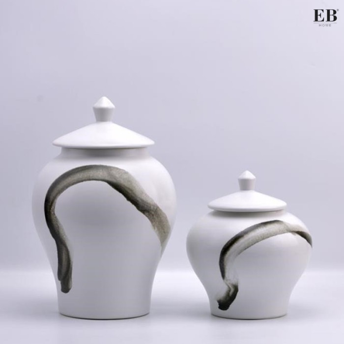 Guci Keramik Brushstroke Kaligrafi Ala Jepang Oriental Hiasan Rumah