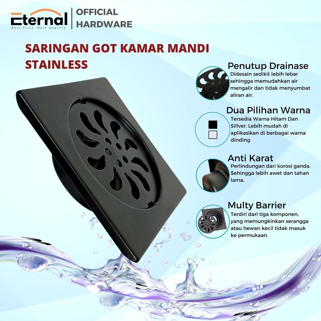 Saringan Got Kamar Mandi Floor Drain Stainlees Pembuangan Air Kamar Mandi - Silver Hitam Tahan Karat