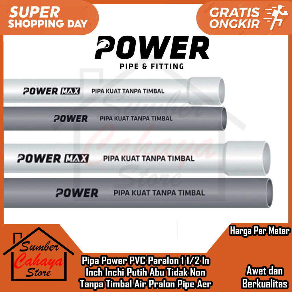 Pipa Paralon Pvc 1 1/2 Inch C Putih Abu Power Non Timbal Per Meter Tidak Beracun Tahan Lama Pralon U