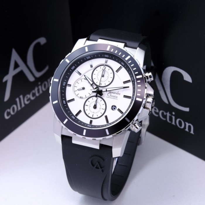 Jam Tangan Pria Alexandre Christie AC 6141 MC Original Chronograph Silver White Rubber Garansi Resmi