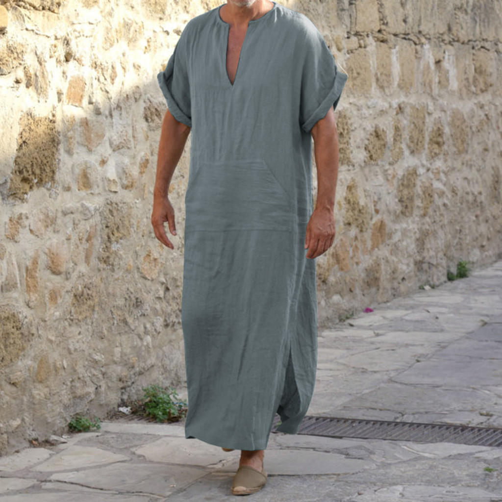 Men's Jubba Thobe Kaftan Muslim Arab Islamic V-neck Short Sleeve Solid Cotton Linen Robes Muslim Fas