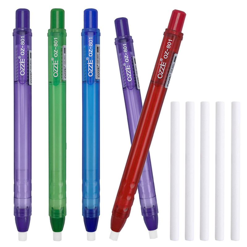 

Blue Green Red Purple Pen Shape Press Type Pencil Eraser Replaceable Core Sketching Painting Writing Erase Stationery Supplies