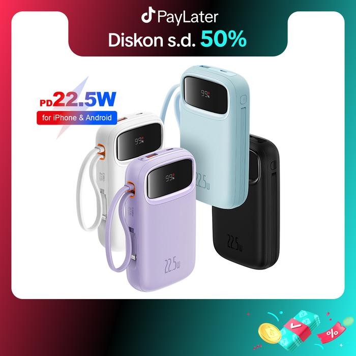 BEST -Baseus QPOW 22.5W Fast Charging Power Bank Dual-Cable Type-C PD QC Baterai Powerbank - Hitam