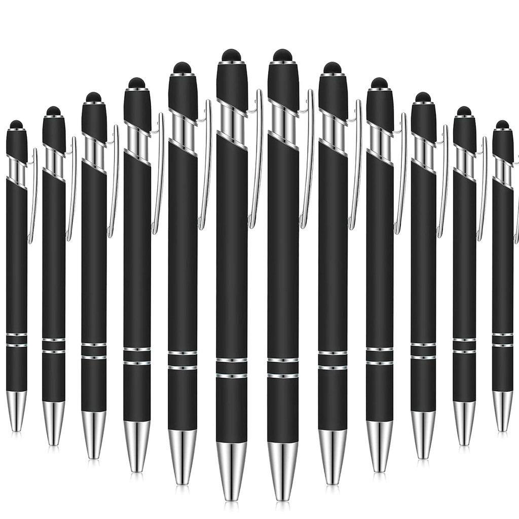 

12 Pcs of Metal Aluminum Handle Push Pen Simple Can be Used for Writing and Touch Screen 2 in 1 Ballpoint Pen for Students