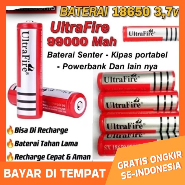 BATERAI CAS 18650 ULTRAFIRE 99000MAH 3 7 V BATRAI SENTER SWAT dll