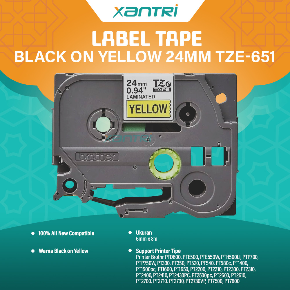 

Xantri - Label Tape Casette Black On Yellow 24mm TZE-651 TZE 651 24mm x 8 m Laminated Compatible For Printer Brother PTD600 PTE500 PTE550W PTH500LI PTP700 PTP750W PT330 PT350 PT520 PT540 New Compatible