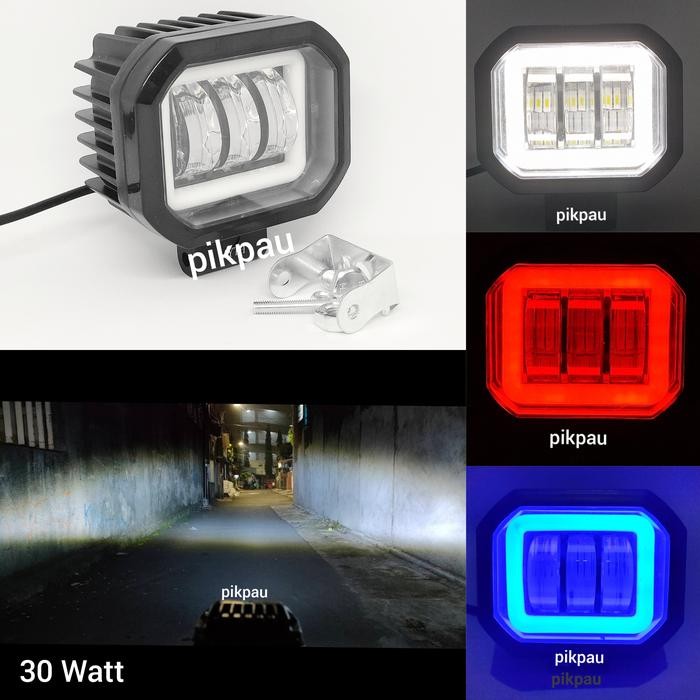 Lampu tembak motor sorot LED 3 mata bentuk Kotak - RING BIRU