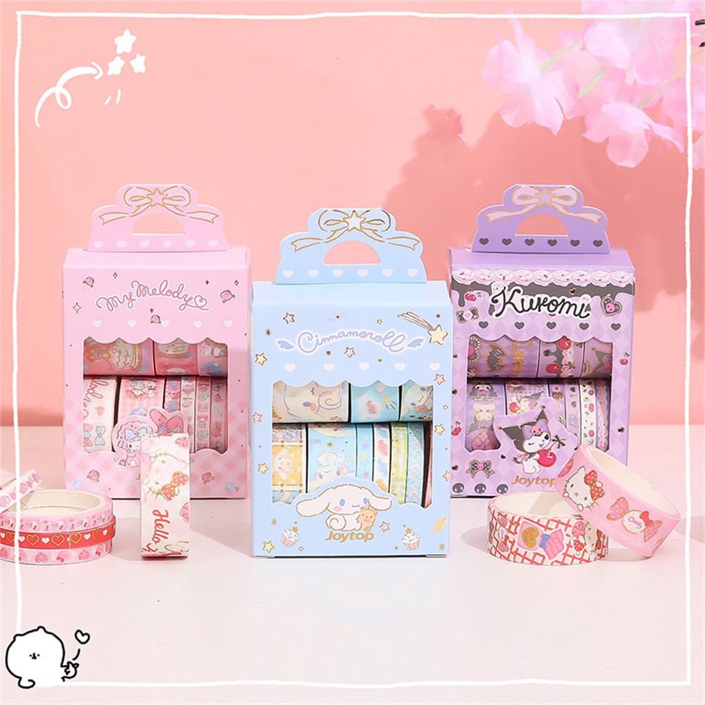 

10Roll/Box Sanrio Kuromi Cinnamoroll Meloyd Tape Sticker Cute Cartoon Hello Kitty Handbook DIY Hot Stamping Stickers Kids Toys