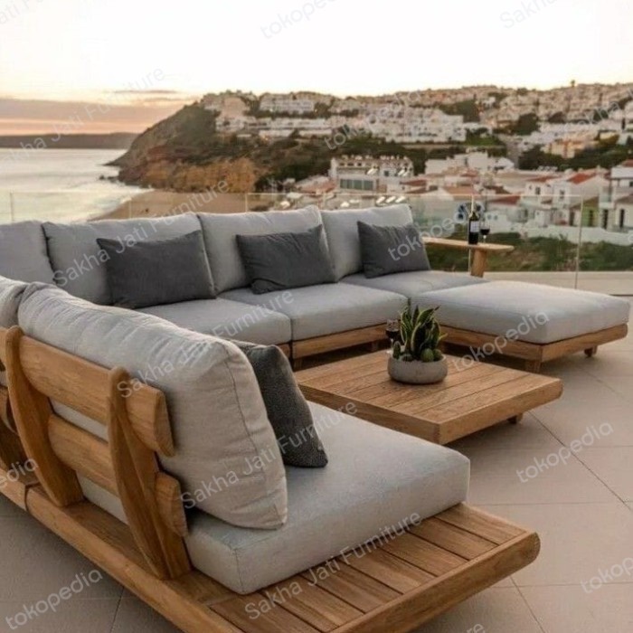 kursi sofa sudut outdoor kayu jati leter L minimalis