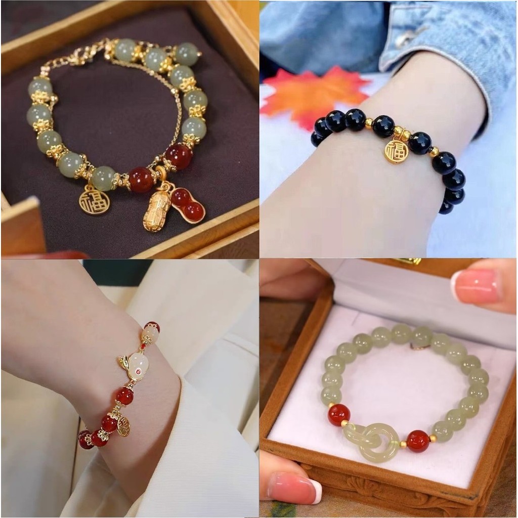 Gelang Mutiara Giok Wanita Cina Kacang Desain Aestetik Manik Vintage China Women Bracelet