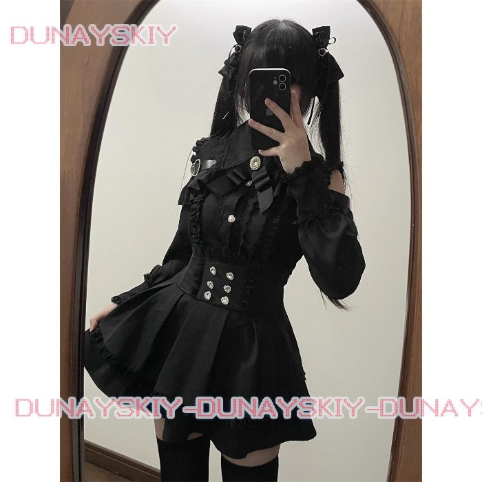 Jirai kei Outfit Lolita Girls Blouse Top Women Long Sleeve Shirt Kawii Bow Black Skirts Shirts Y2K S