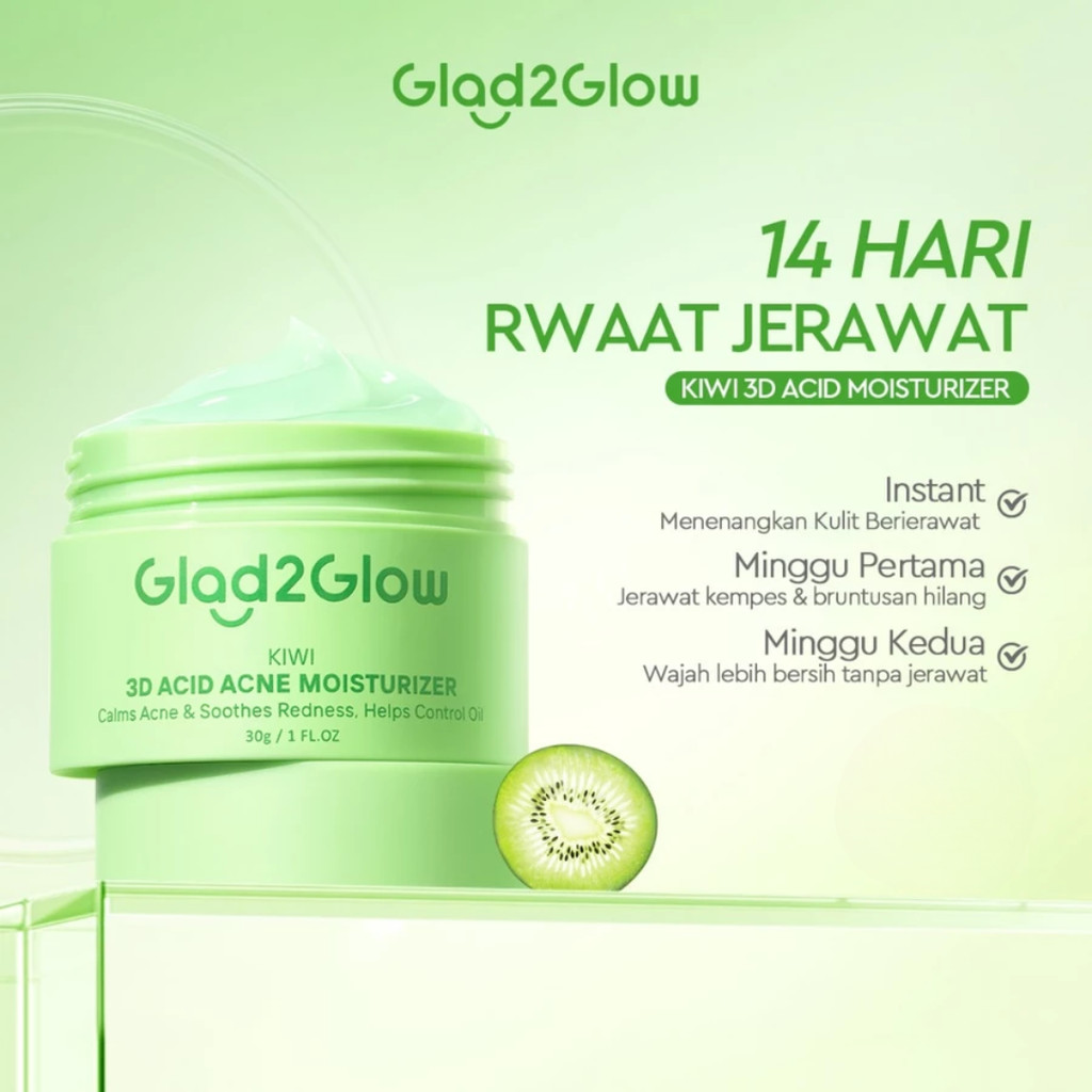 Glad2Glow Moisturizer KIWI 3D ACID ACNE MOISTURIZER   Pelembab Wajah  Jerawat Day & Night Cream  Ski