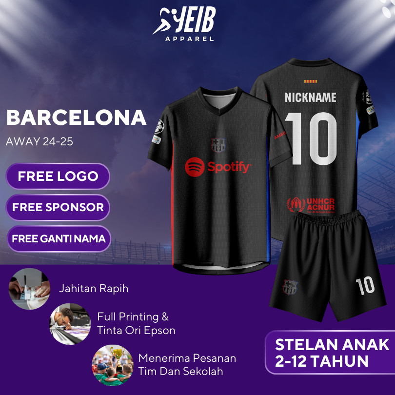 JERSEY BAJU BOLA ANAK BARCELONA AWAY 2024-2025 LA LIGA JERSEY BOLA CUSTOM NAMA MURAH CUSTOM NAMA