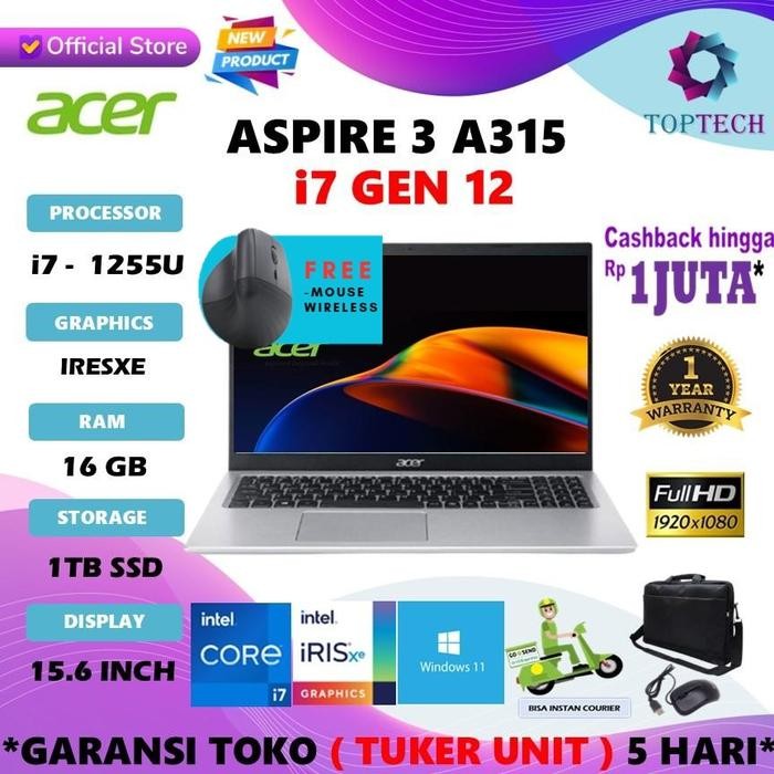LAPTOP ACER ASPIRE 3 A315 CORE i7 1255U 16GB 1TB W11 15.6" FHD
