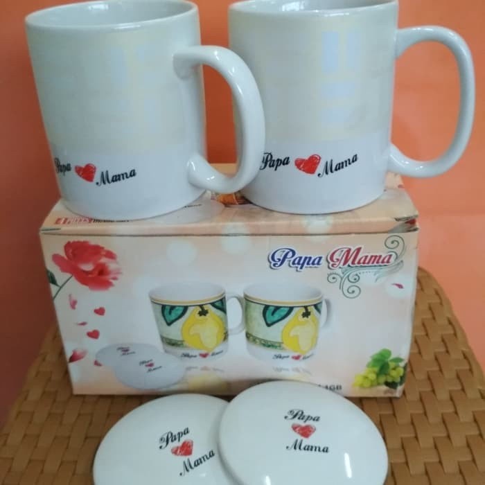 Mug Keramik Papa Mama + Tutup Besar isi 2 pcs / Souvenir / Kadoan