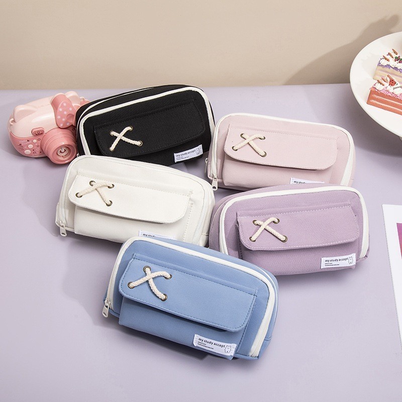 

JHM Tempat Pensil Model Pita Silang Kotak Pensil Tali Rami Ritsleting Ganda Bahan Kanvas Pouch Tempat Alat Tulis Perlengkapan Sekolah Kantor Dua Sisi Resleting