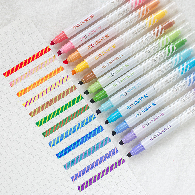 

12 Colors Magic Discoloration Highlighter Pen Set Dual Tip Cute Writing Pen School Supplies Pastel Highlighters Colorful Marker