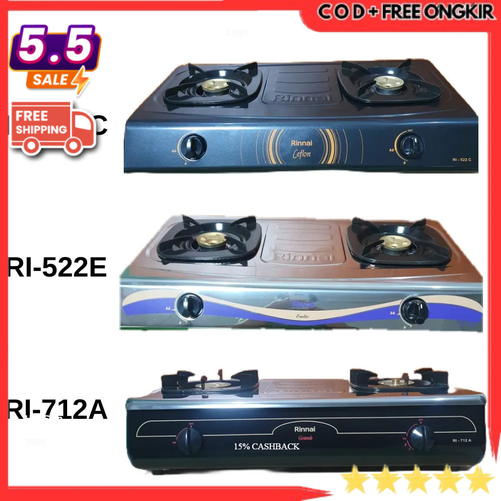 KOMPOR GAS RINNAI 2 TUNGKU RI-522E STAINLESS // RI-522C CEFLON // RI-712A API LILIN JUMBO