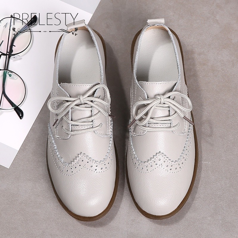 FAVORIT 100% KULIT ASLI Flat Shoes Cewek Oxford Sepatu Kerja Wanita Karet Flatshoes Wanita Cantik