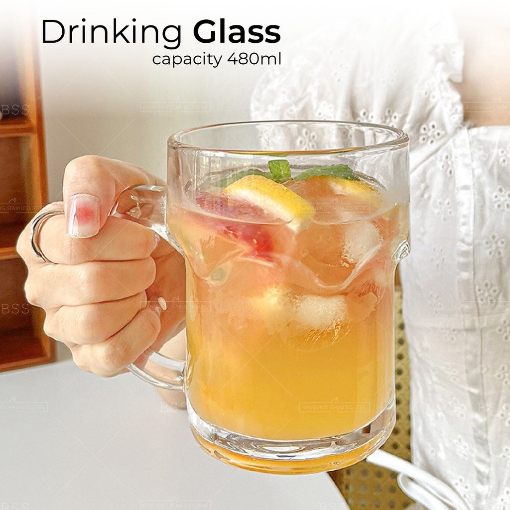 Water Jug Gelas Kaca Pegangan Besar Jumbo 500ml Jus Juice Cafe Ins Style Simple Cantik Gelas Minum