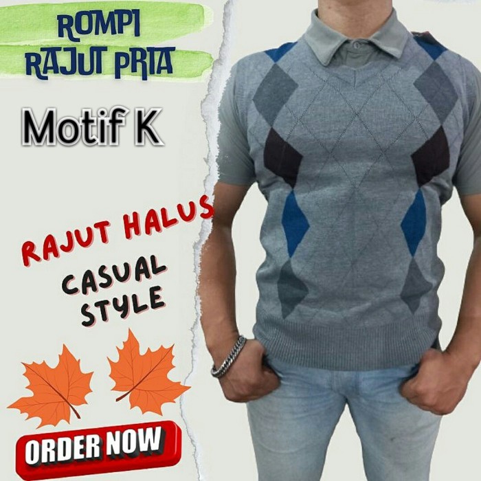 Rompi Sweater Import Pria Terbaru Sweeter Vest Knit Laki V Neck Rajut - Motif K, No 115