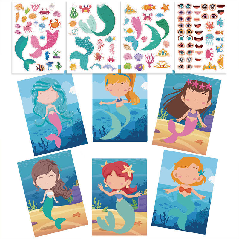 

Kids Creative Make A Face Stickers DIY Make Your Own Mermaid Sticker Party Favors Children Girls Puzzle Toys Birthday Gifts