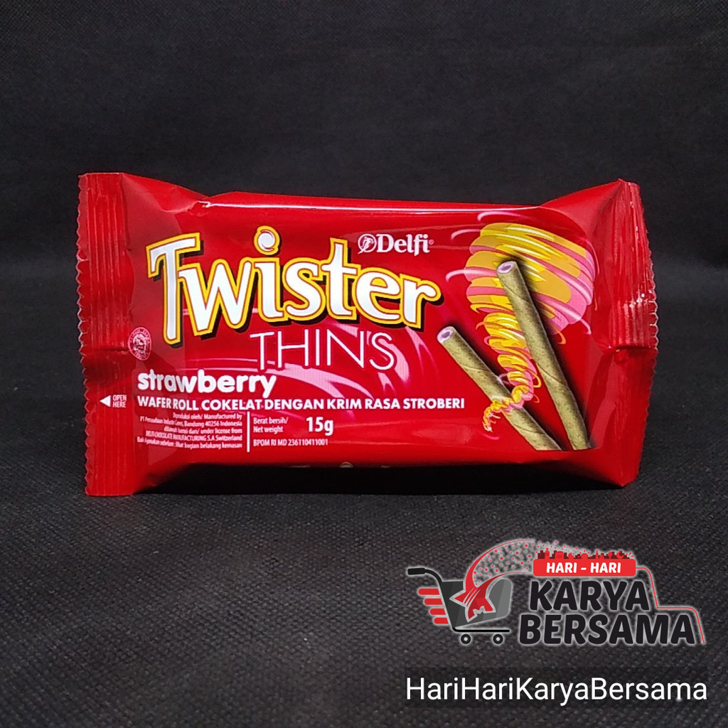 

MAKANAN RINGAN DELFI TWISTER THINS WAFER ROLL STRAWBERRY 15GR