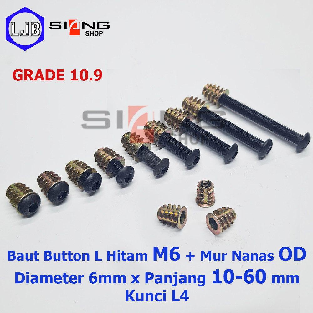 Baut Button L Hitam M6 dan Mur Nanas OD Panjang 10 sd 60mm