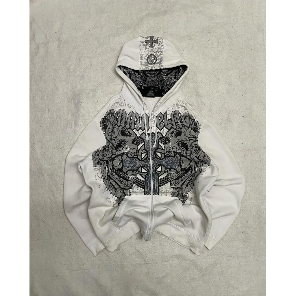 Affliction Street Hoodie Y2K Retro Gothic Skull Oversize Zipper Hoodie Mens Womens Hip Hop Casual Sw