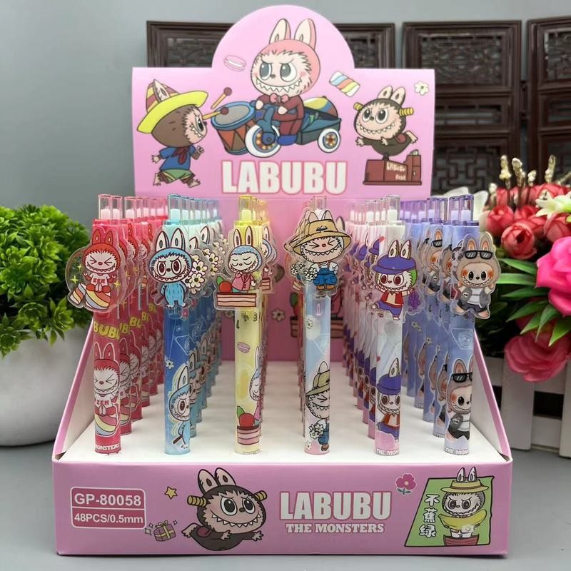 

Labubu Gel Pens 48pcs Prohibit Anxiety Series Kawaii 0.5mm Black Pen Cartoon School Student Office Stationery Gift Whole