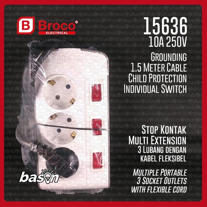 BROCO 15636 Stop Kontak Arde 3 Lubang Slanting + Kabel 1.5Meter + Saklar Individual