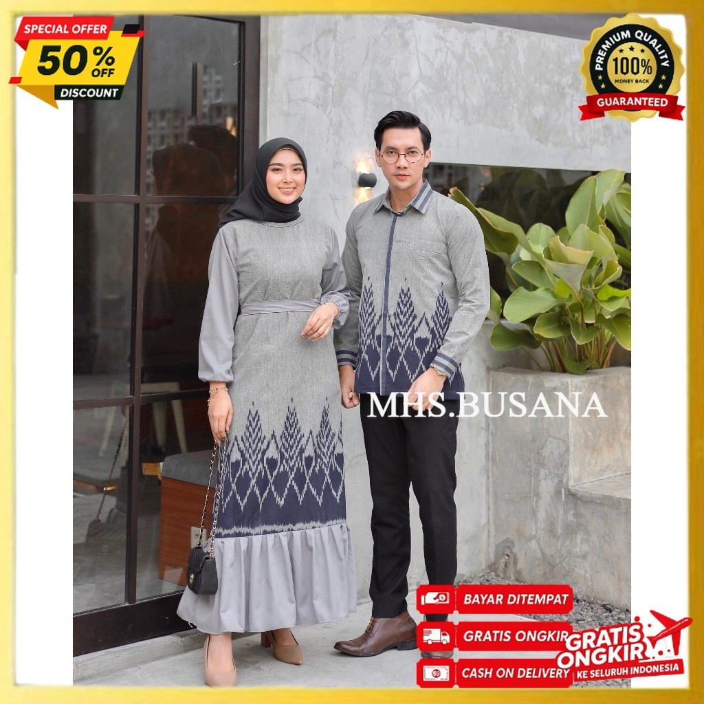 BAJU TENUN NEW NADIA COUPLE GREY BY MHS BUSANA Gamis Muslim Dress Abu