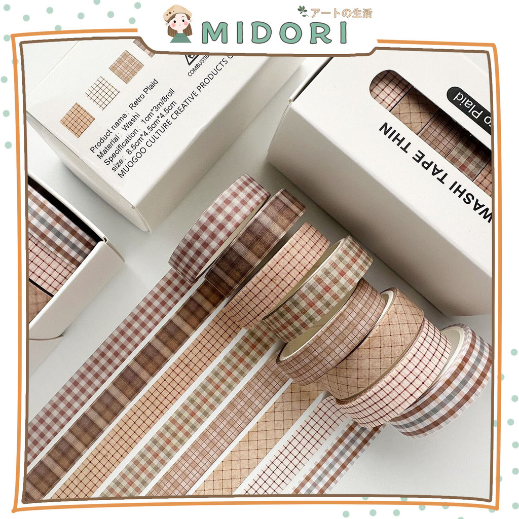 

[MIDORI] 8 Rolls WASHI TAPE THIN RETRO Deco Masking Tape Jurnal DIY Scrapbook - A0071