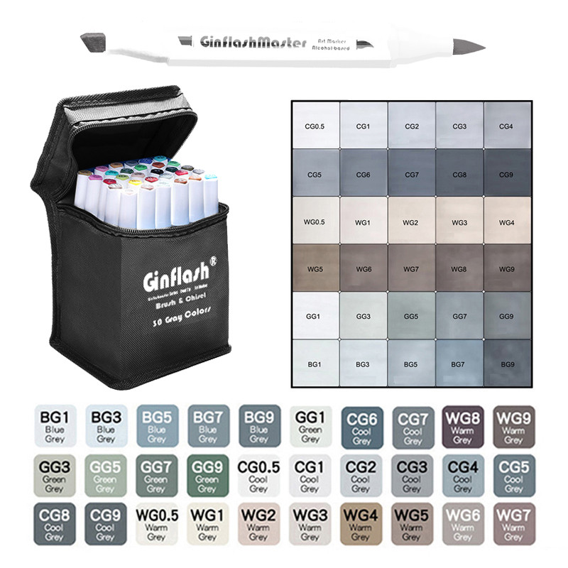 

Ginflash Brush&Chisel 30Colors Gray Tone Set Matching Art Markers Brush Pen Sketch Alcohol Based Markers Dual Tip Art Supplies
