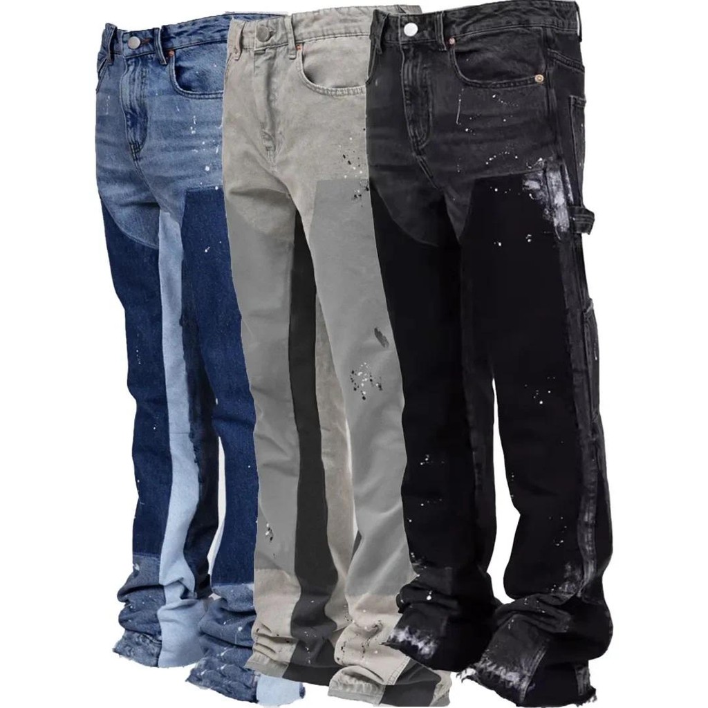 Y2k Jeans Men Painting Patch Baggy Stacked Jeans Fashion Work Wear Popular Stretch Patch Denim Stack