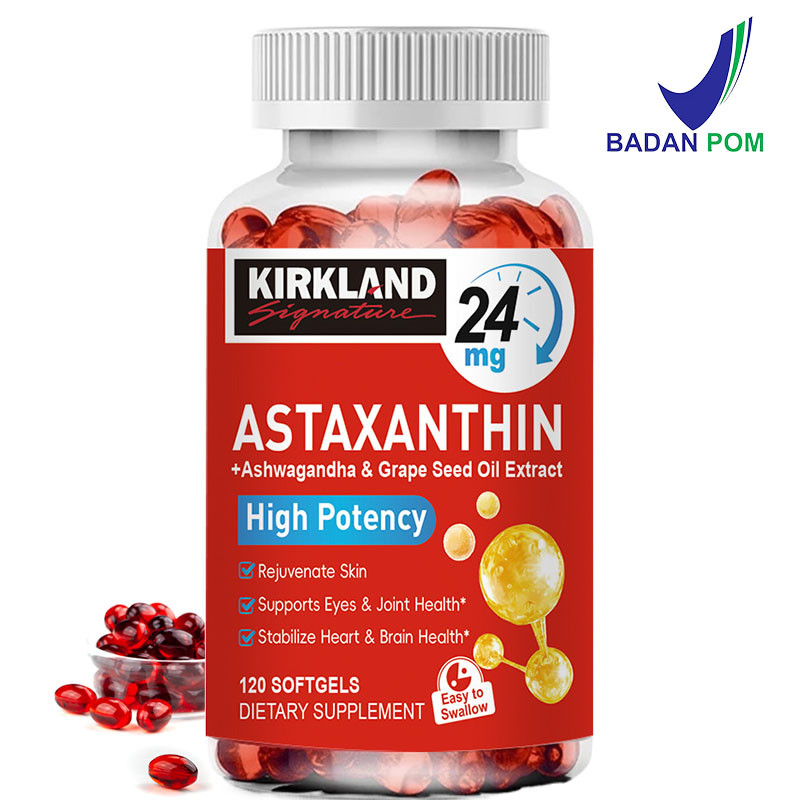 Kirkland Astaxanthin 24mg + Grape Seed 200mg + Ashwagandha 200mg – Suplemen Anti Penuaan Antioksidan Kuat – Redakan Stres – Dukung Kulit, Otak, & Jantung – Bantu Fokus & Tidur – Vitamin Stres, Energi, Kulit 120pcs
